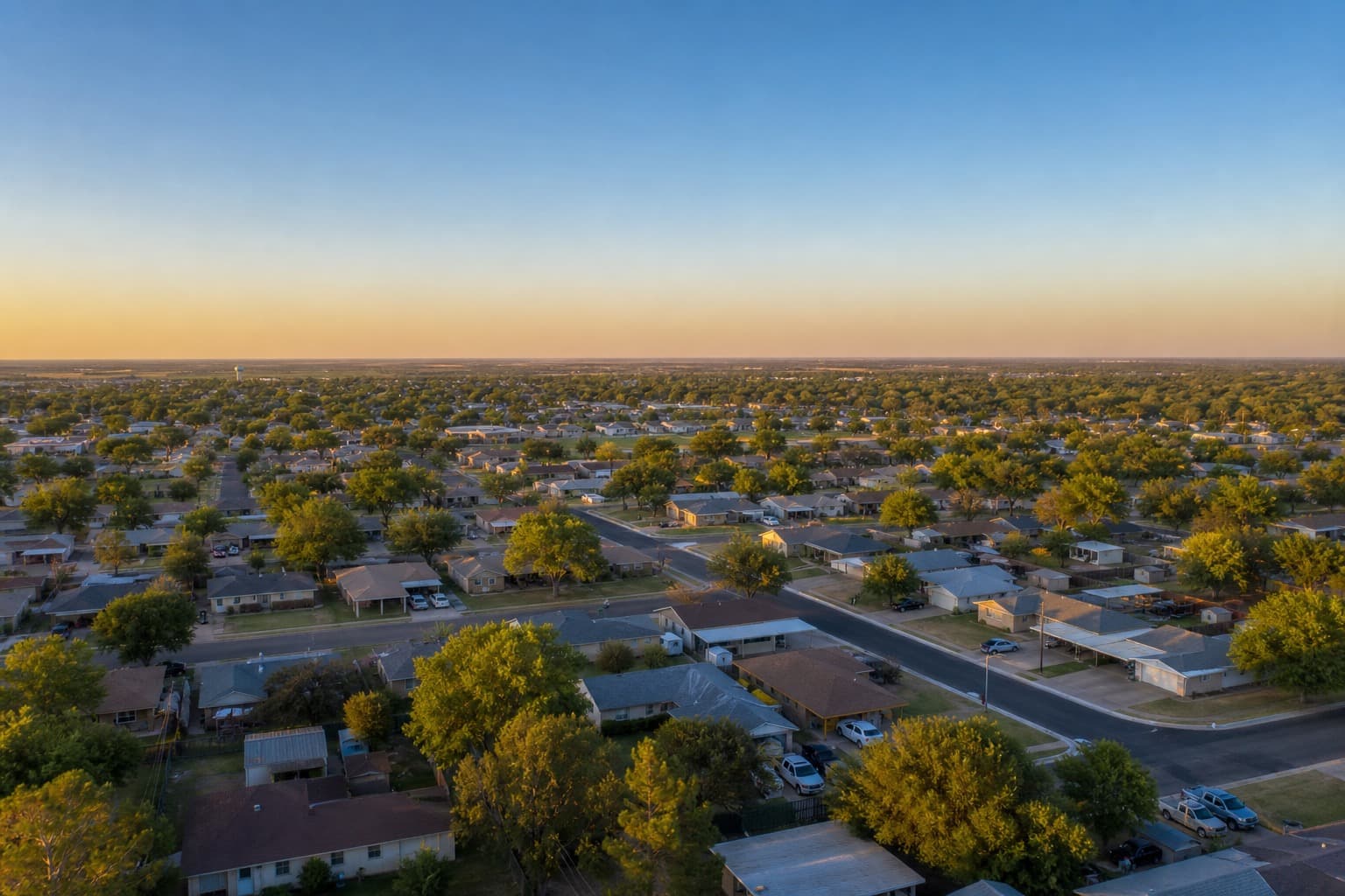 Aerial view of a West Texas neighborhood at sunset